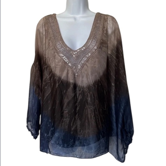 Saks Fifth Avenue Tops - Saks Fifth Avenue Italy silk blouse tie dye tab sleeves crochet bohemian S